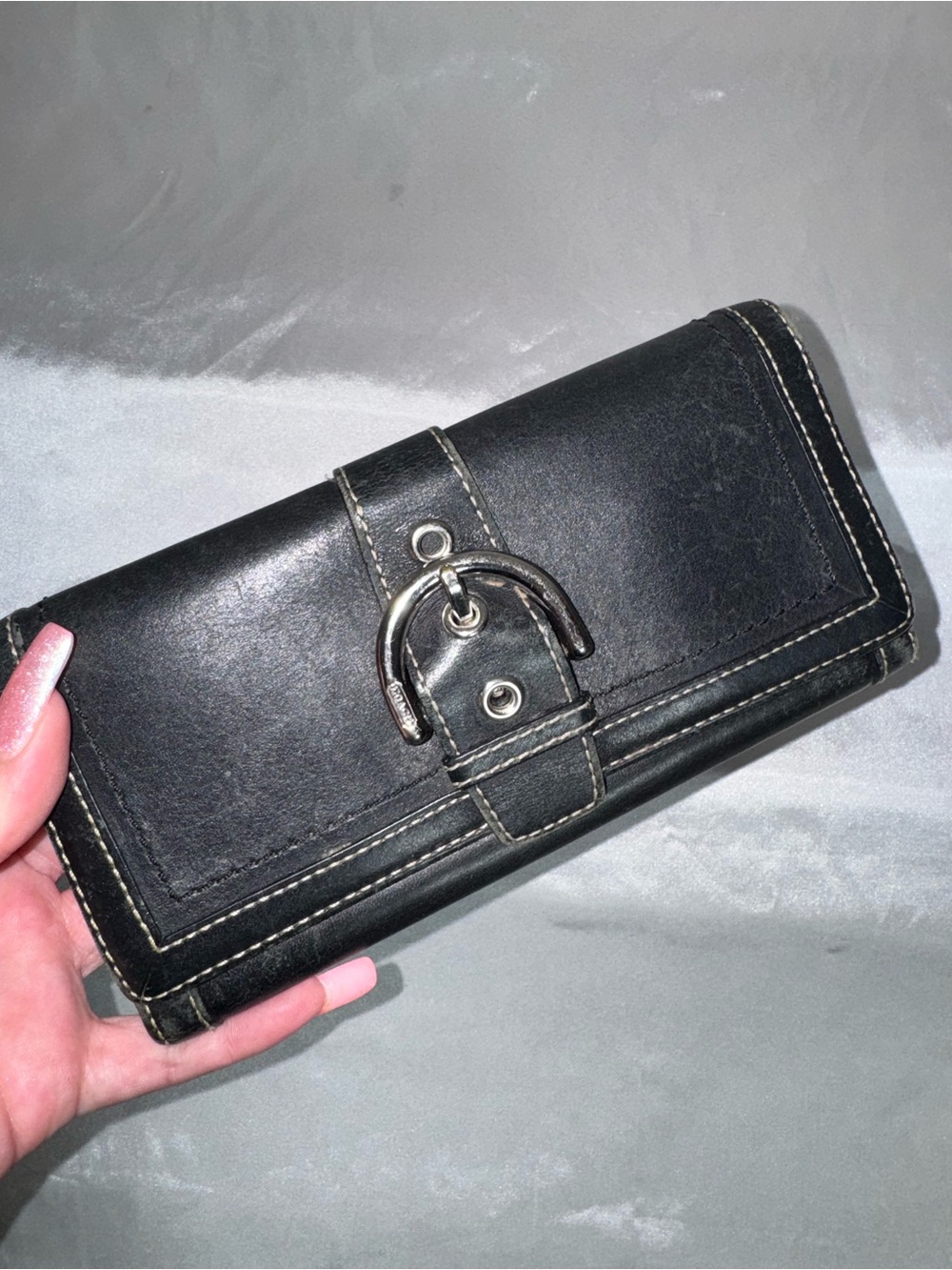 Coach Black Leather Wallet with Silver Buckle Accent